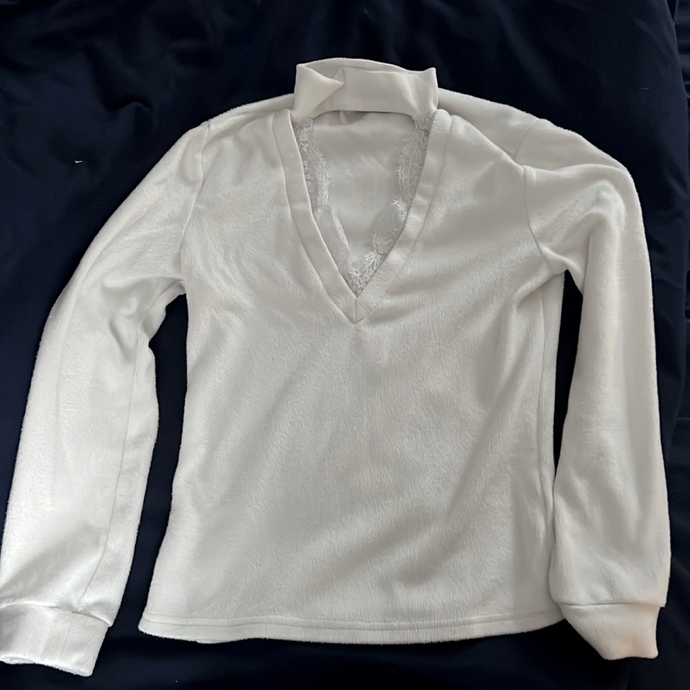 Soft White Keyhole Sweater with Lace Trim